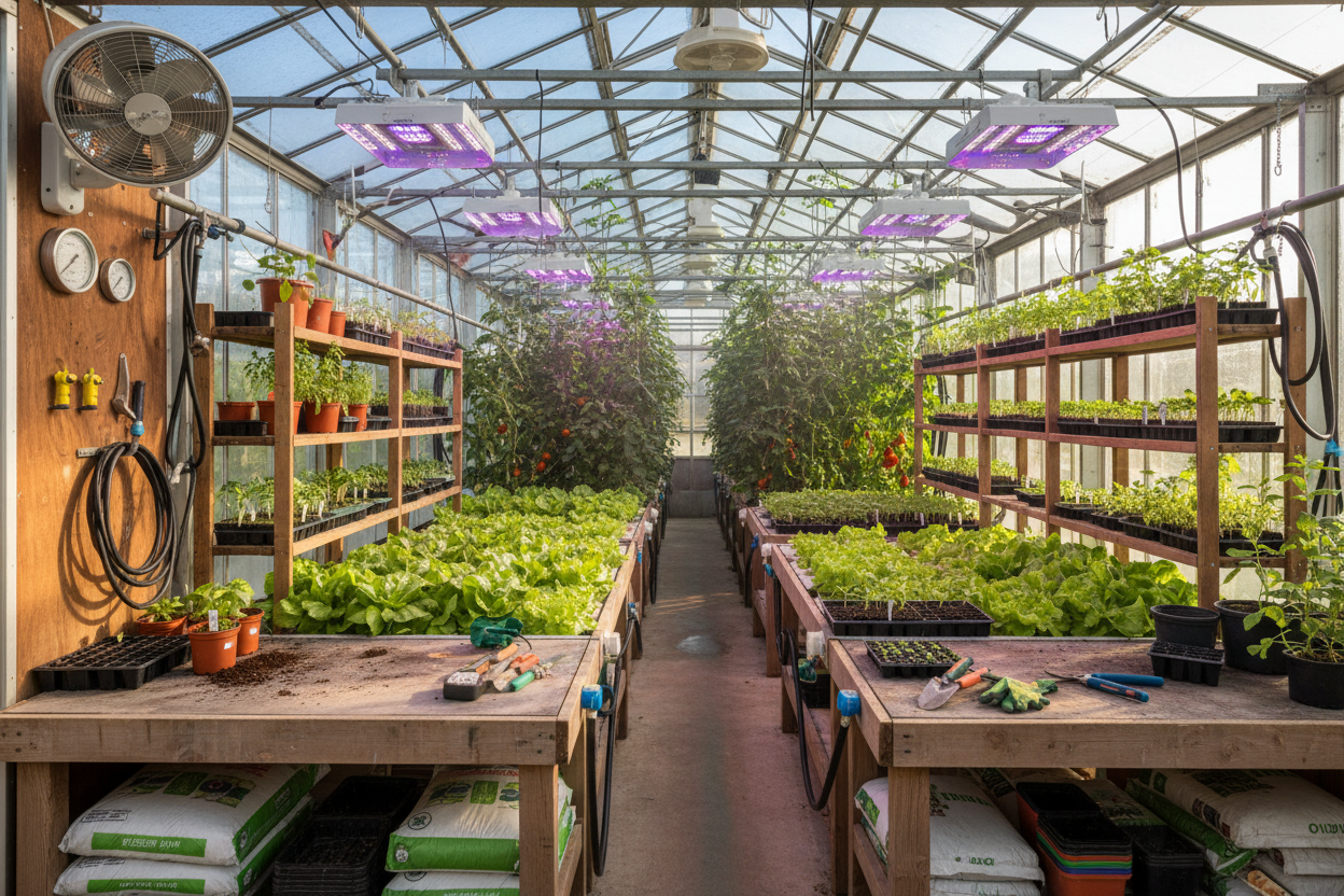 generate me an image of a greenhoutse with palnts and elttuce etc, and with all acessoires a greenhouse needs such as fans, shelves 